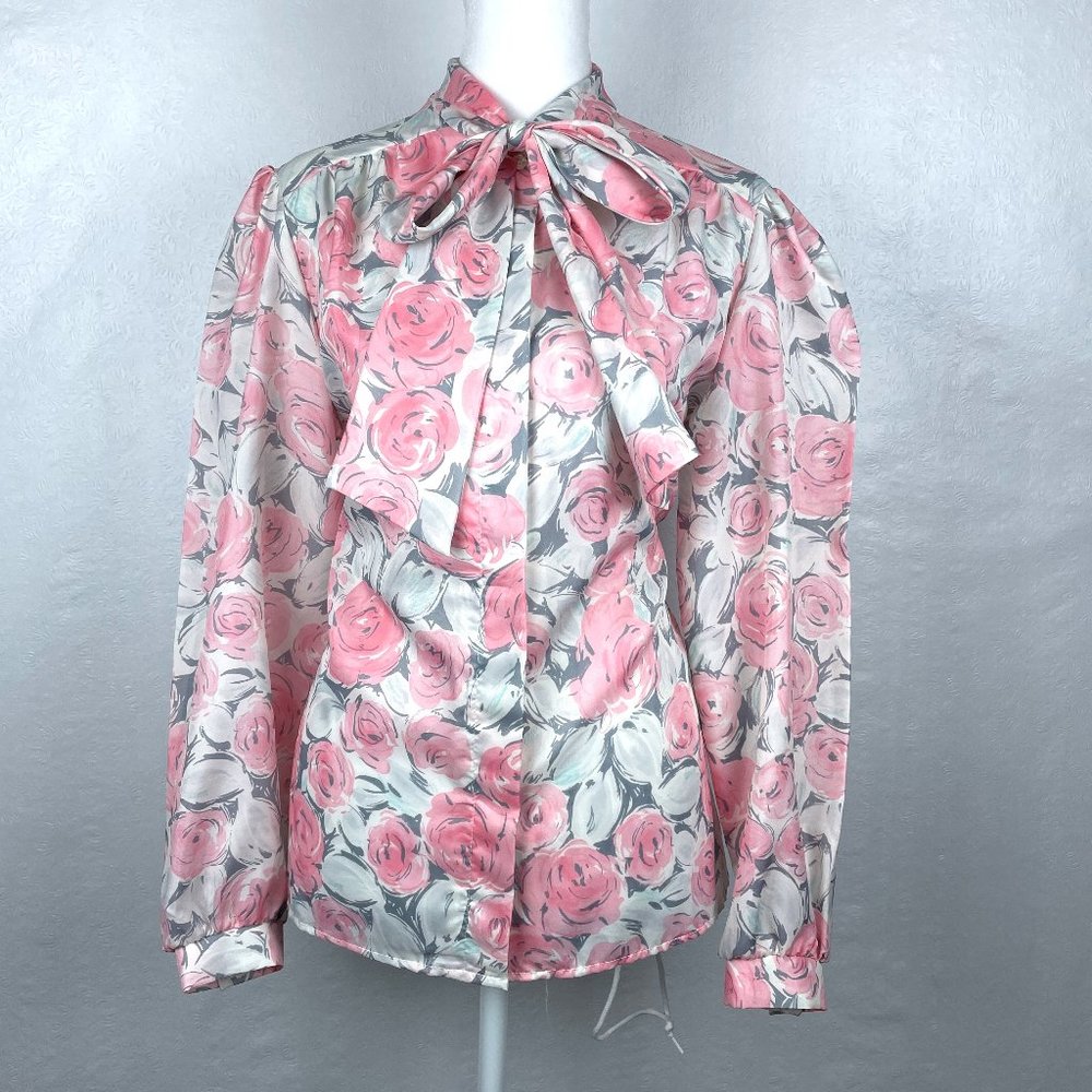 Vintage 1980’s Pink Floral Pussy Bow Button Front Blouse Tie Neck Sz 10 / L